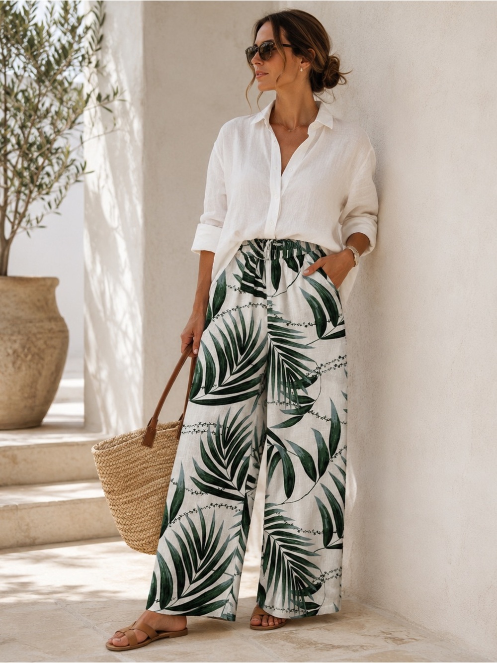 Deja Bleu Premium 100% Cotton Tropical Palm Print Linen Look Wide Leg Pants M